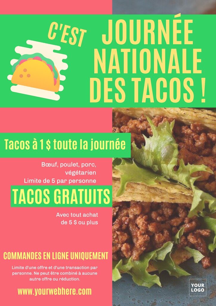 Affiche pour la journée nationale du tacos avec promotion et fond rouge et vert