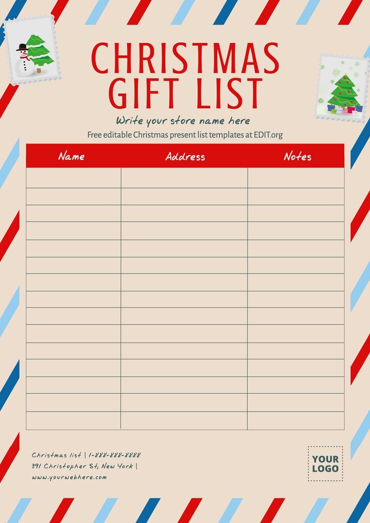 Christmas gift list template printable