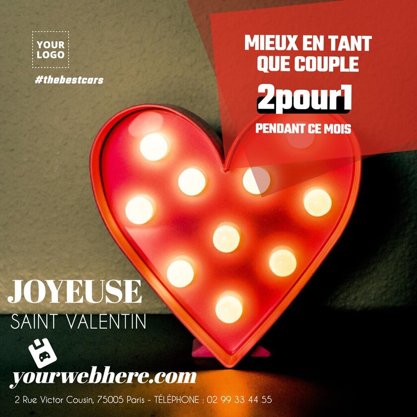 design de saint valentin avec coeur illuminé pour une promo 2 pour 1