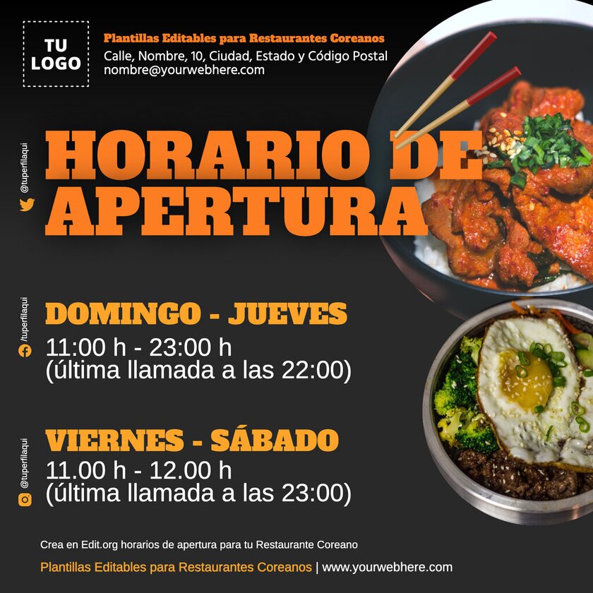 Plantillas de horario para restaurante de comida coreana para editar