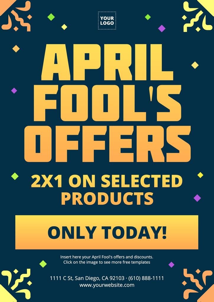Editable template for April Fool's offers, sales, and discounts