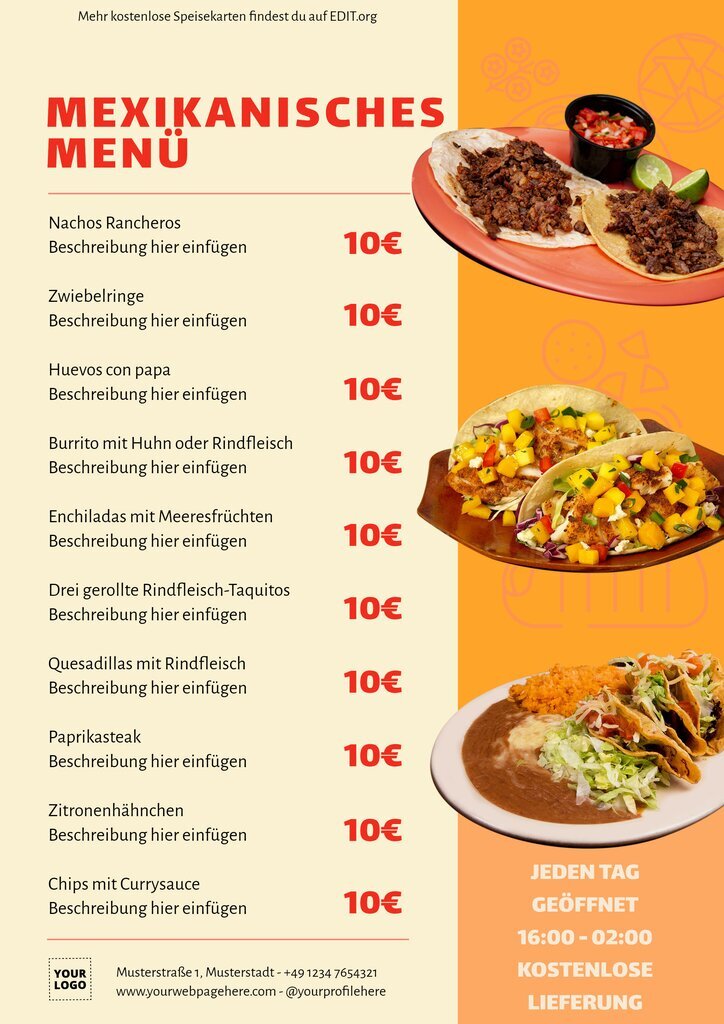 Anpassbare Speisekartenvorlage für mexikanische Restaurants