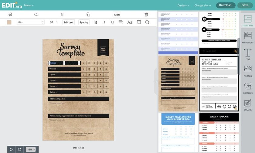 Survey templates online graphic editor for free