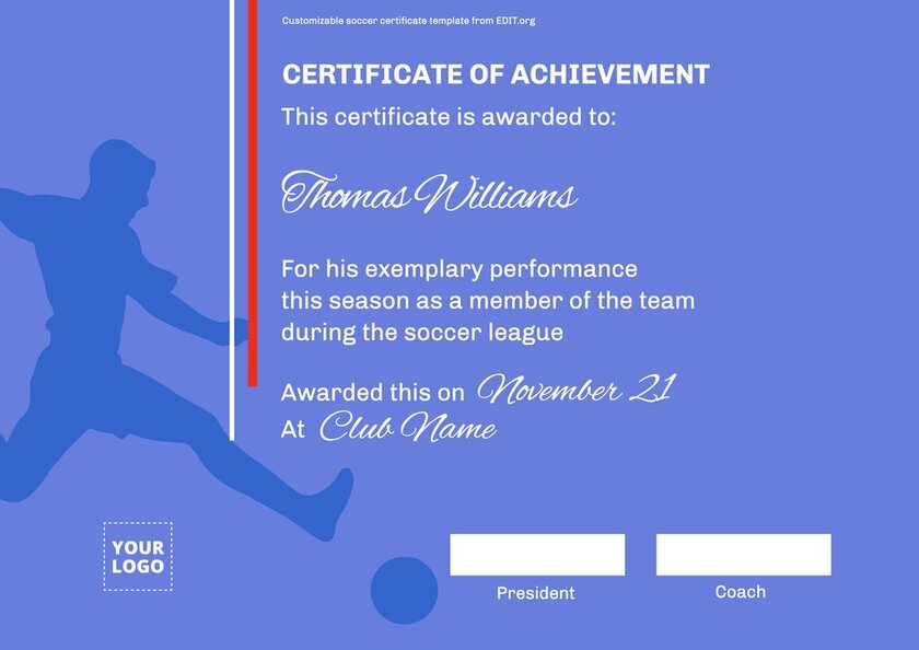 Editable football certificate design to print