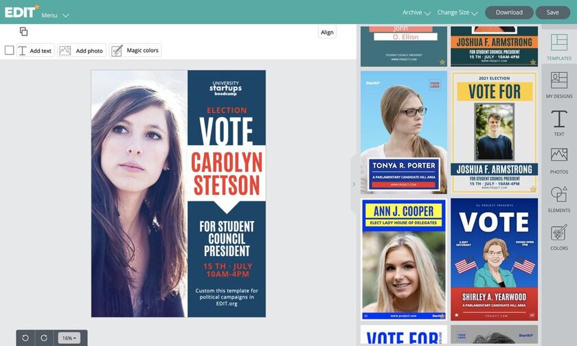 Graphic online editor with templates for campaign election templates