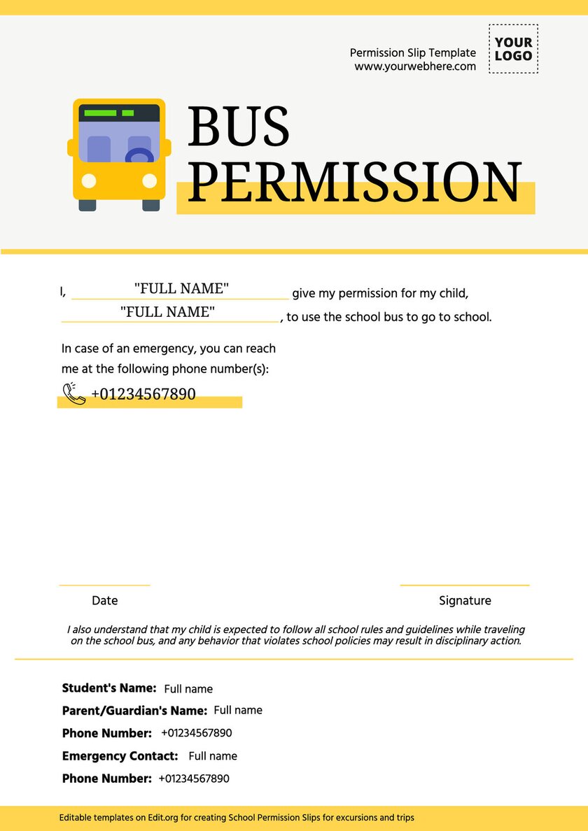 Editable bus Permission Slip template to print for free