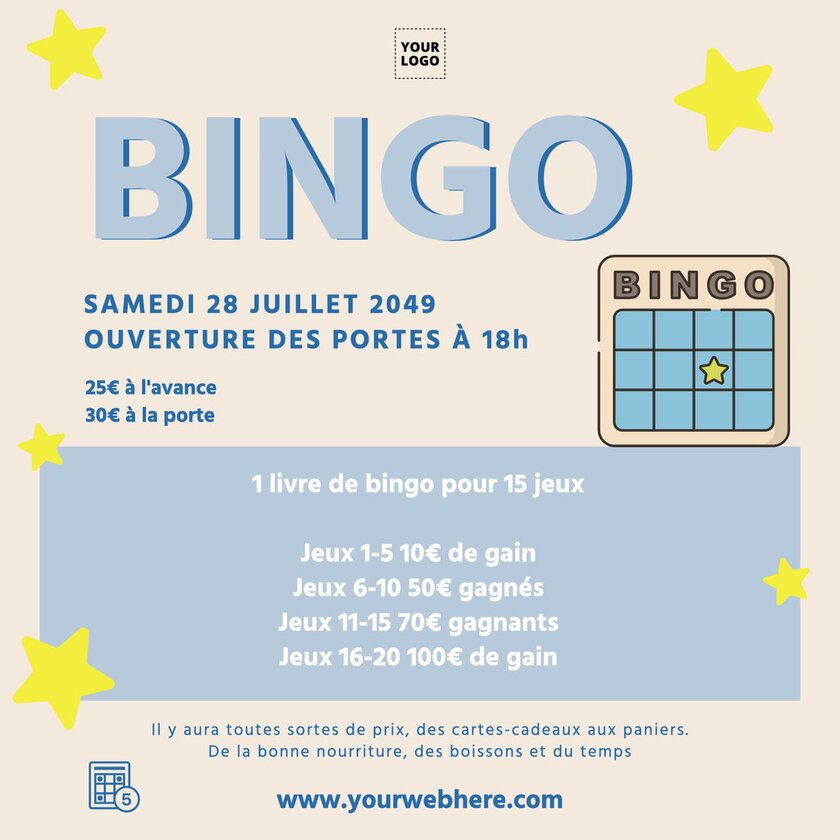 modèle affiche de prospectus bleu et beige de soirée bingo