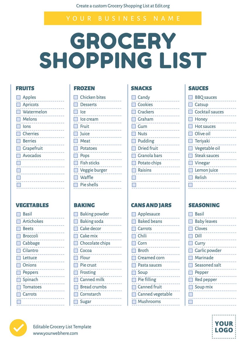 Printable grocery shopping list by category