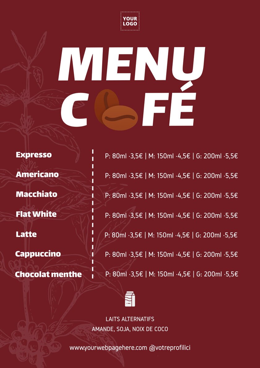 modèle de menu café éditable en ligne et bordeaux