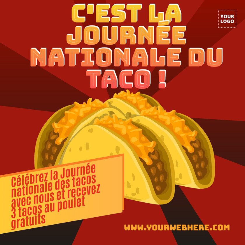 Poster pour la journée nationale du tacos avec fond rouge et tacos en dessin