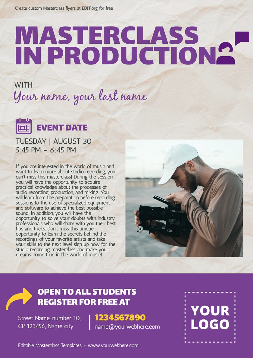 Create a simple Masterclass flyer for music production course