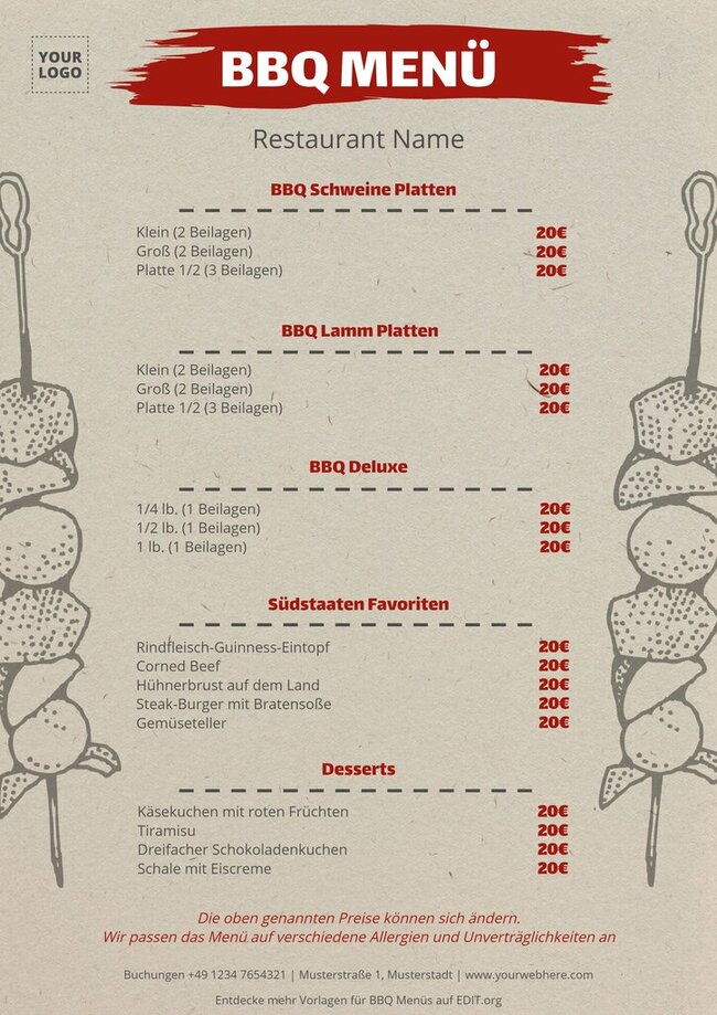 Kostenlose editierbare BBQMenüvorlagen