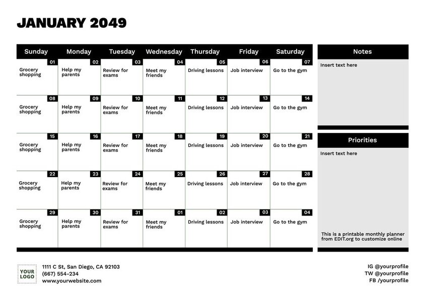 Monthly calendar template to customize for free