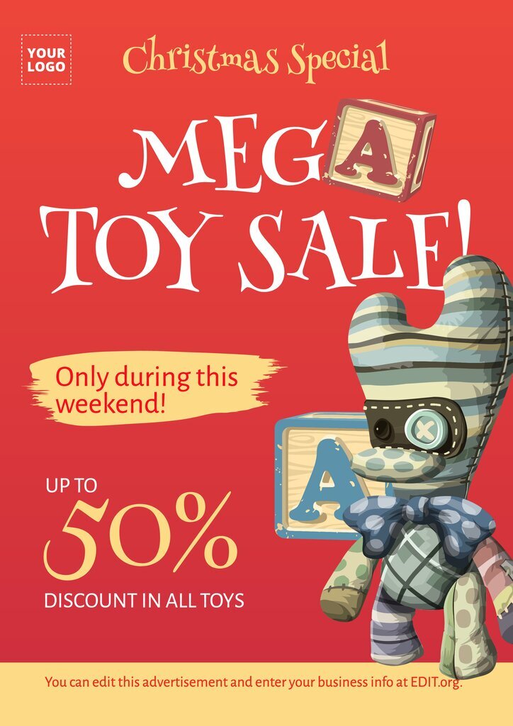 Edit online this poster to offer a discount in a toy store.