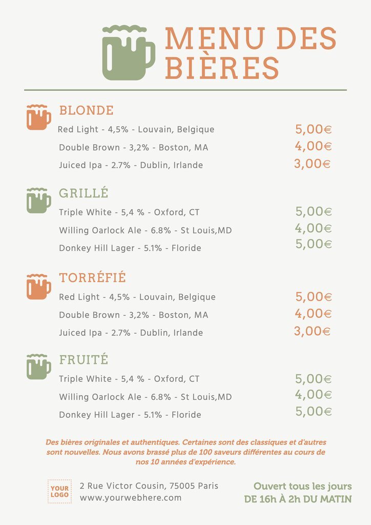 design de menu blanc écrit orange et vert pour des bières editable en ligne