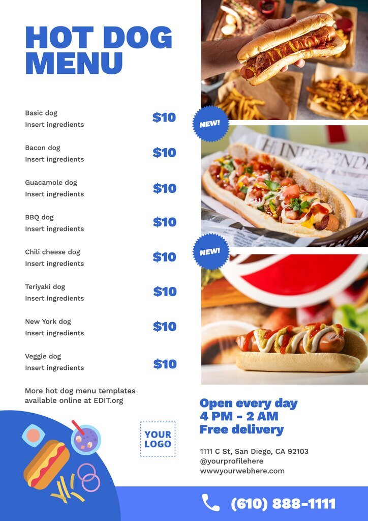 Customizable menu templates for hot dogs
