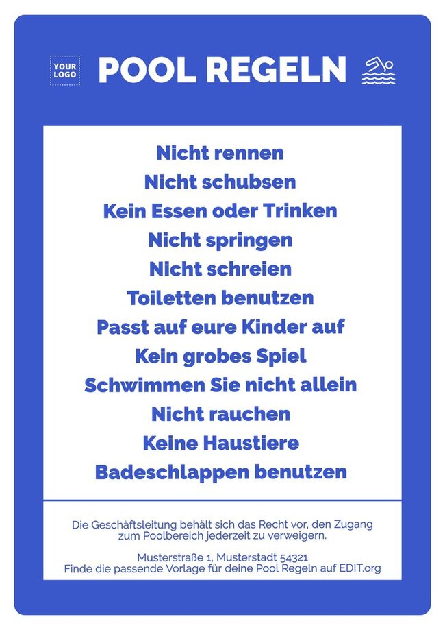Bearbeitbare Schilder für Schwimmbadregeln