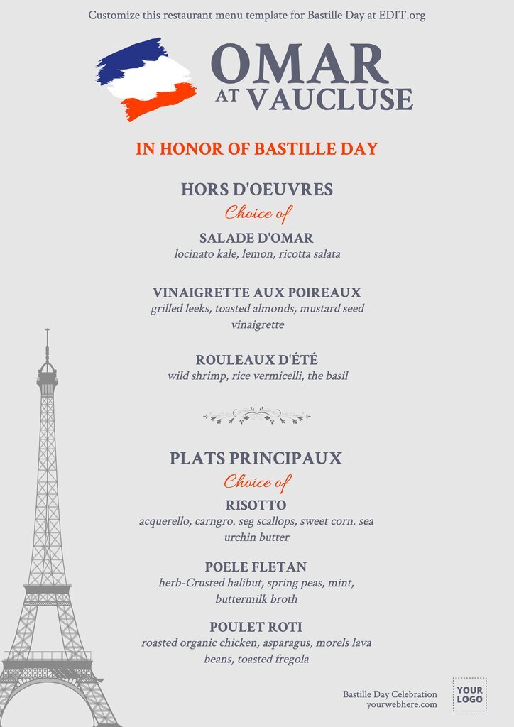 Free online Bastille Day menu designs