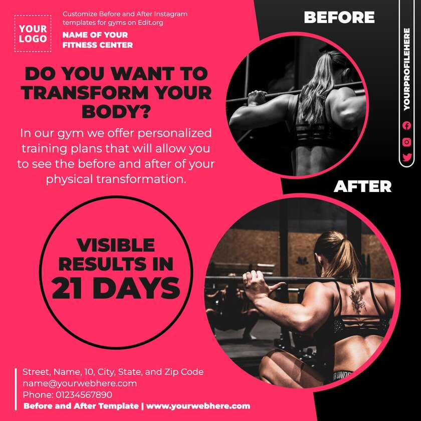 Editable before and after template online for gyms