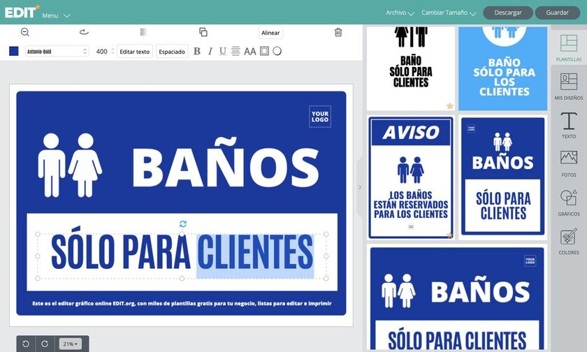 Editor gráfico online con plantillas gratis de carteles para baños exclusivos para clientes