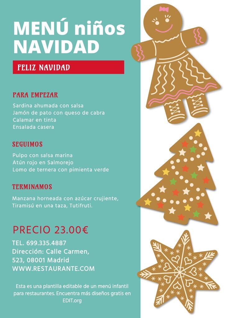 Menu infantil de Navidad editable gratis para restaurantes y pastelerías