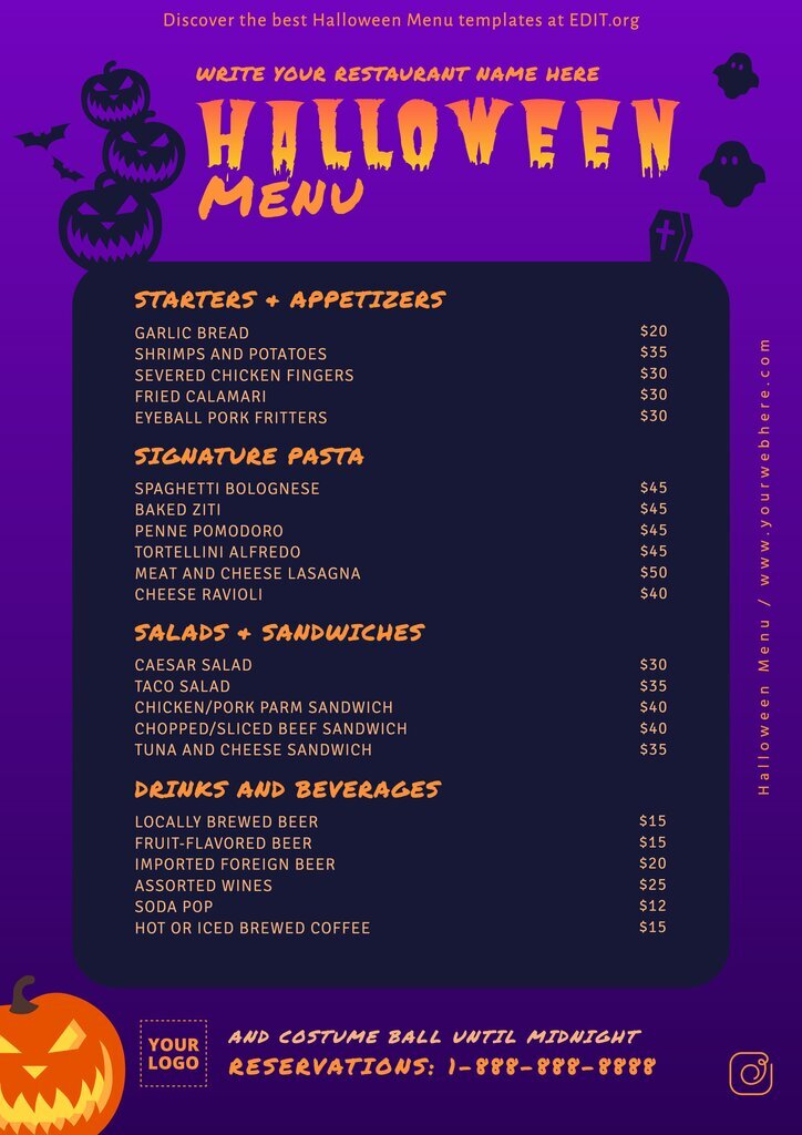Customizable Halloween themed dinner menu