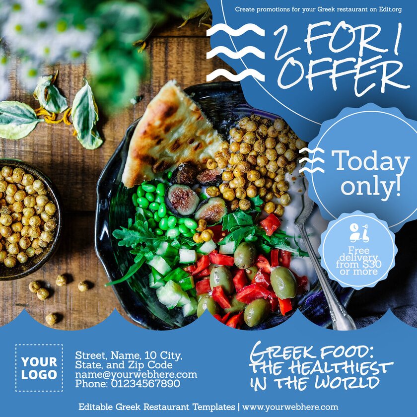 Customizable Greek Food 2 for 1 offer template