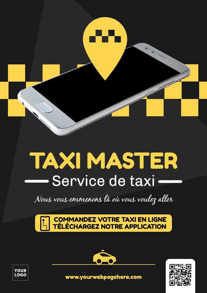modele de flyer editable noir et jaune de taxi master pour service de taxi avec télephone