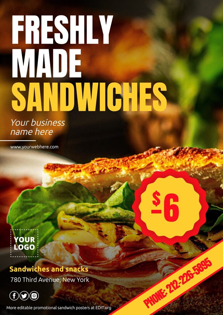 Poster modificabili con offerte sandwich e sconti