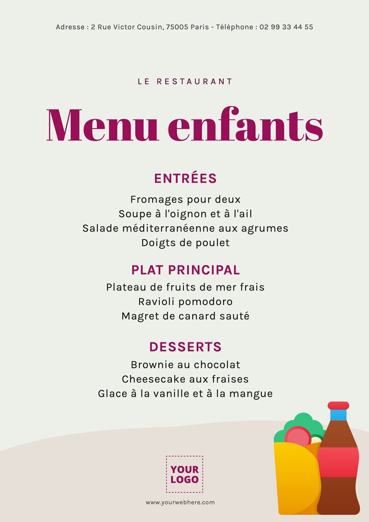 design de menu enfants éditable en ligne gris et violet pour un restaurant