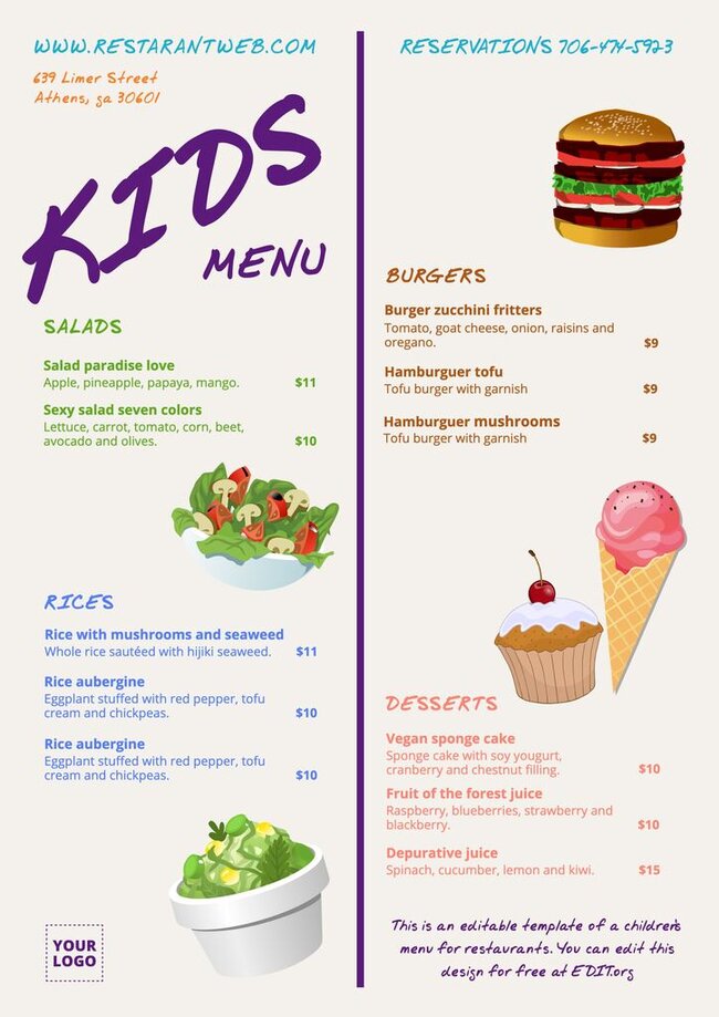 Kids menu templates for cafes and restaurants