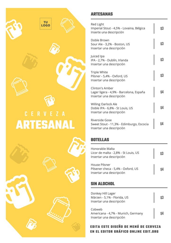 Diseño editable online de Menu de Cerveza para bares y restaurantes