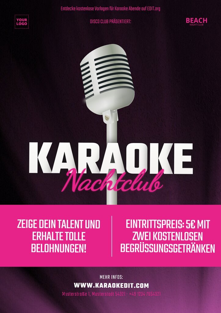Bearbeitbare Vorlagen für kostenlose Karaoke Abend Flyer