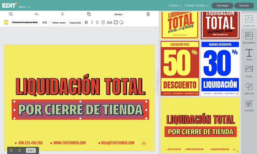 Editor gráfico online con plantillas para carteles de liquidacion gratis