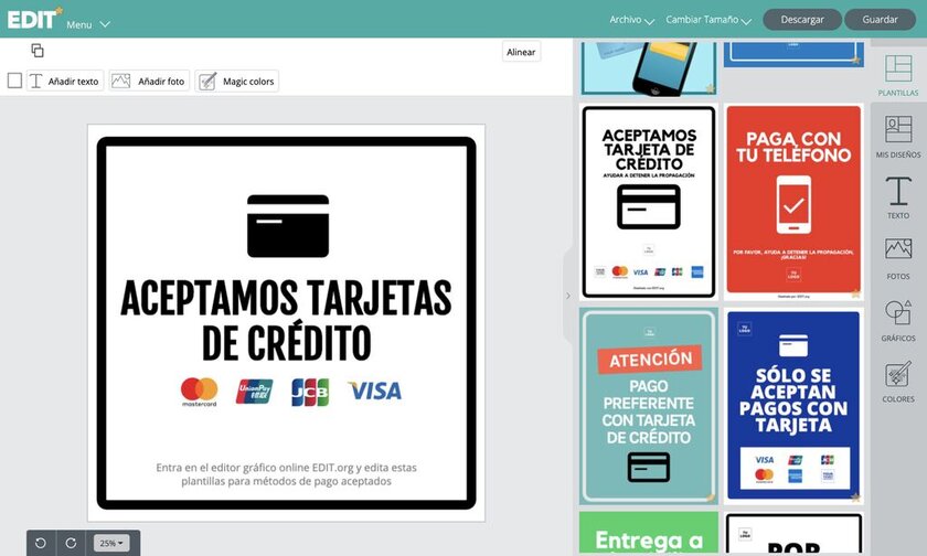 Editor grafico online para crear tu cartel de pago con tarjeta o efectivo