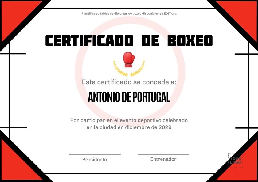 Plantilla para certificado de reconocimiento de boxeo