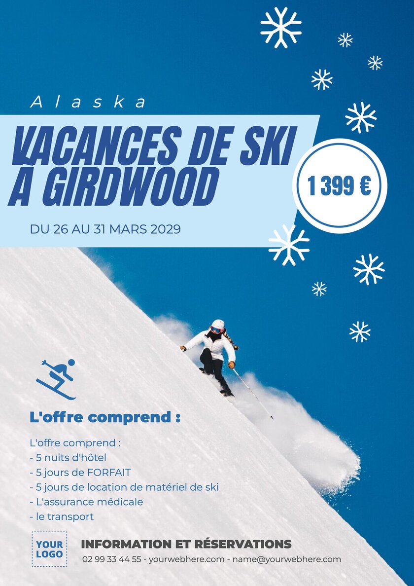 modèle de prospectus éditable blanc et bleu avec la montage pour des vacances de ski