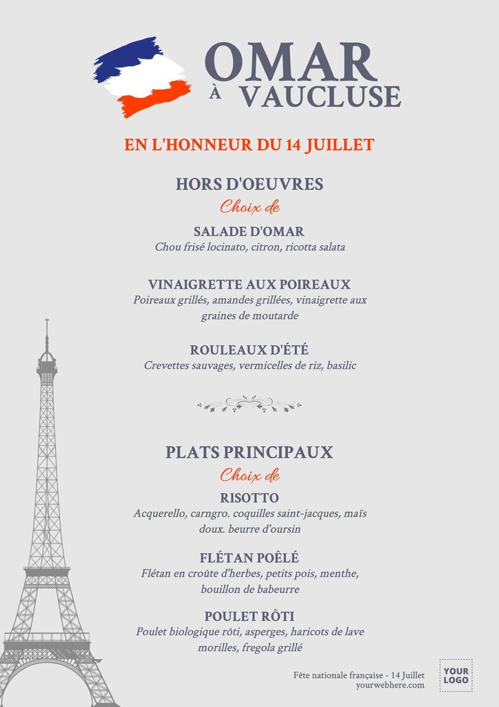 Modèle de menu de restaurant pour le 14 Juillet
