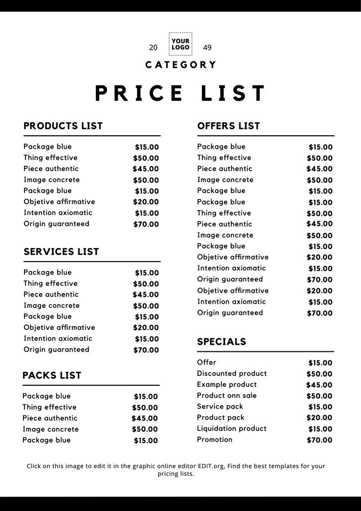 Price list template to edit and print in black and white