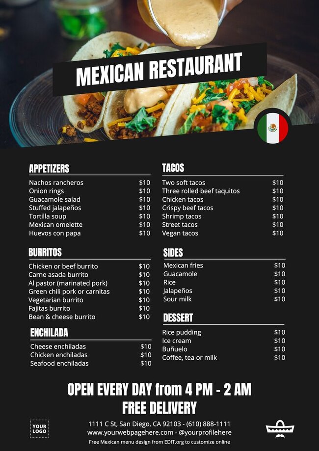 Customize free Mexican menu templates