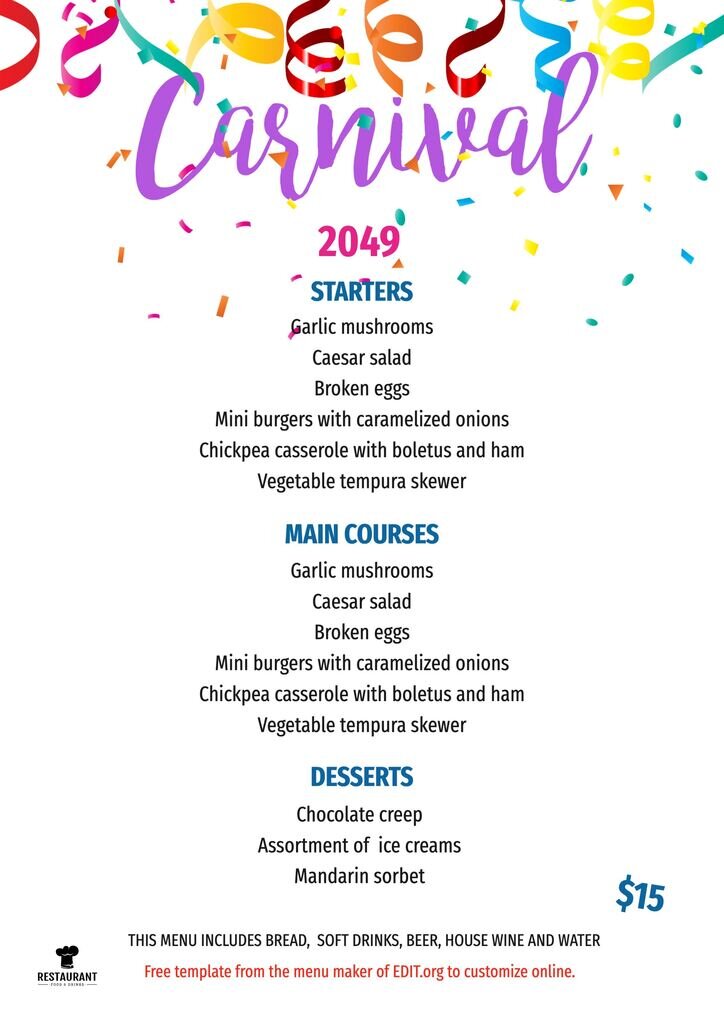 Carnival menu template for restaurants to edit online and for free