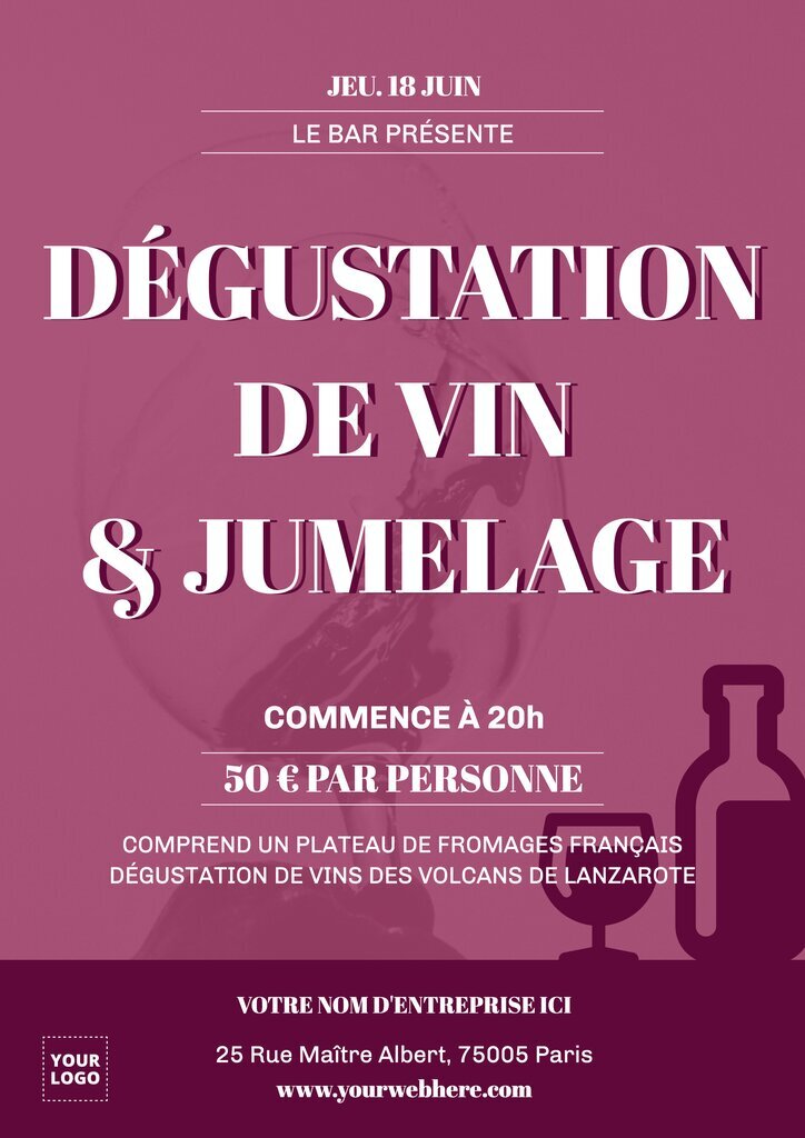 Affiche violette pour une dégustation de vin & jumelage éditable