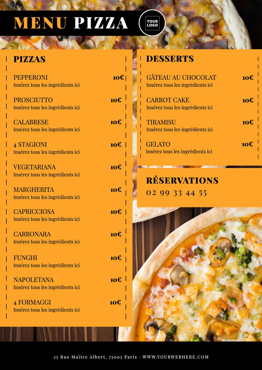 modèle éditable en ligne de menu pizza orange et noir