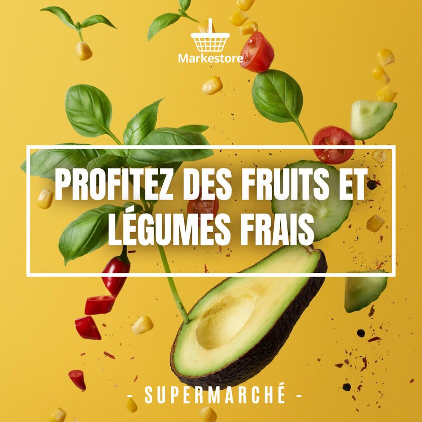 modèle de prospectus de supermarché éditable et jaune pour des fruits et légumes