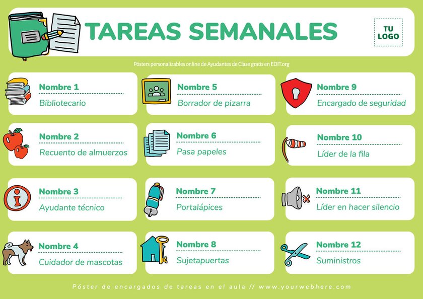 Crea pósters de encargados de clase para tareas de alumnos