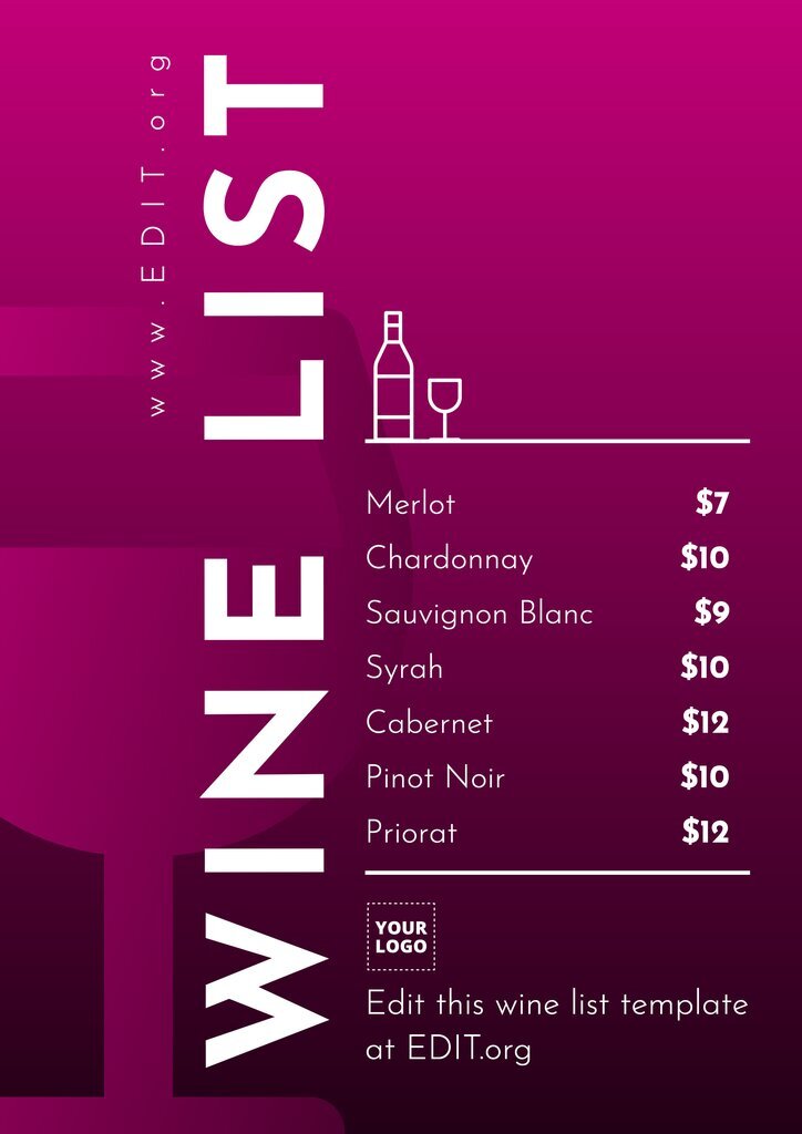 Wine list template to custom online and print