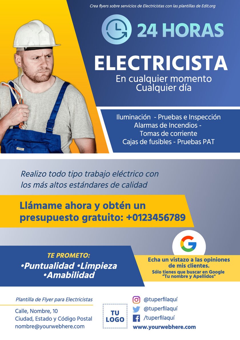 Crea folletos de servicios de electricista para imprimir