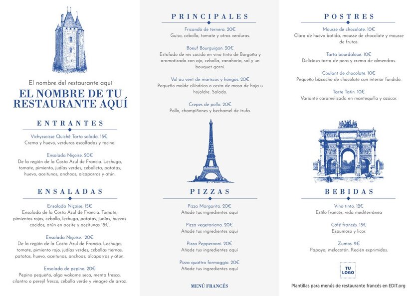 Diseño de menú francés para restaurante gratis