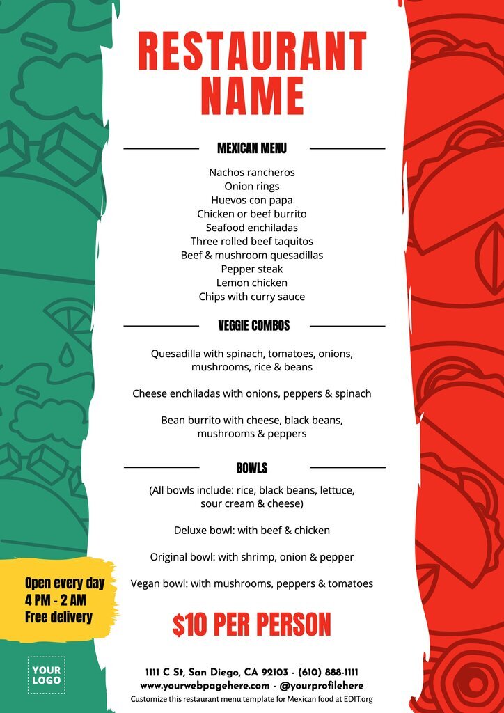 Customizable menu template for Mexican restaurants