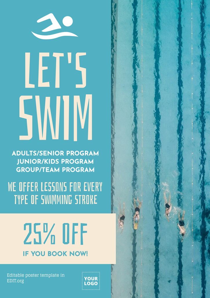 Editable template to advertise a swimming course with a photo of a swimming pool.